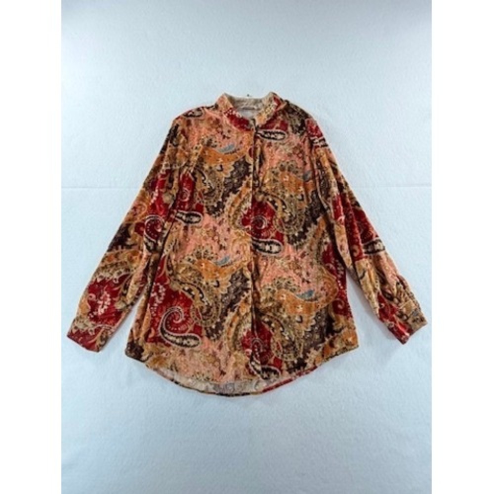 Soft Surroundings Velvet Shirt Womens Large Orange Paisley Boho Artsy Retro